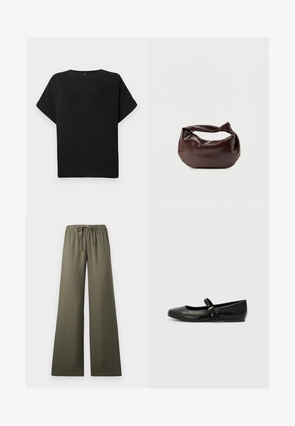 Camiseta negra de manga corta hecha de una tela suave, con un cuello redondo y un corte relajado, con dobladillo cosido y sin patrones visibles.; Pantalones de pierna ancha en verde oliva con cintura elástica y cordón ajustable, vista frontal sobre un fondo liso.; Bailarinas de cuero negro con punta redondeada, suela plana y una delgada correa ajustable en el empeine que cuenta con una hebilla de metal.; Bolso de hombro de cuero marrón oscuro con una forma suave y caída, y un asa con nudo torcido sobre un fondo blanco liso.