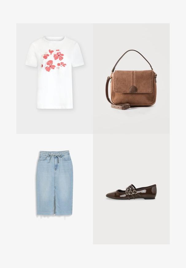 T-shirt blanc à manches courtes avec un imprimé floral rose corail sur la poitrine et un petit texte de la marque sous les fleurs.; Jupe midi en denim bleu clair avec fente devant, style cinq poches, passants de ceinture et ceinture en denim nouée à la taille.; Chaussure plate en cuir verni marron avec bout pointu et trois brides ajustables à boucle sur le côté, vue du profil extérieur.; Sac à main en daim marron avec une fermeture à rabat, une poignée courte et une bandoulière réglable, posé sur un fond blanc uni.