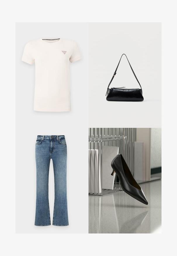 T-shirt blanc à manches courtes et col rond avec petit triangle rouge du logo Guess sur la poitrine gauche, sur un fond uni.; Jean en denim bleu avec une taille haute, fermeture à boutons et zip, poches avant, et jambes légèrement évasées.; Chaussure en cuir noir à bout pointu et talon kitten flottant au-dessus d'un sol gris moucheté, à côté d'un organiseur de fichiers en métal contenant des dossiers.; Sac à bandoulière en cuir noir avec une fine sangle réglable, fermeture éclair et petit logo métallique « GUESS » au centre devant.