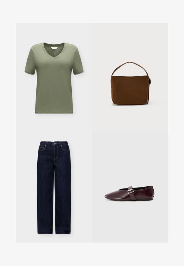 T-shirt uni vert olive à col en V et manches courtes avec une petite étiquette blanche à l'intérieur du col.; Jean denim bleu foncé droit avec bouton à l'avant et poches sur un fond clair uni.; Ballerines en cuir bordeaux avec un bout pointu, une semelle plate et une sangle décorative avec boucle sur le cou-de-pied. Texture lisse et brillante.; Sac à épaule rectangulaire marron avec une large bandoulière et un détail de boucle, sur un fond blanc uni.