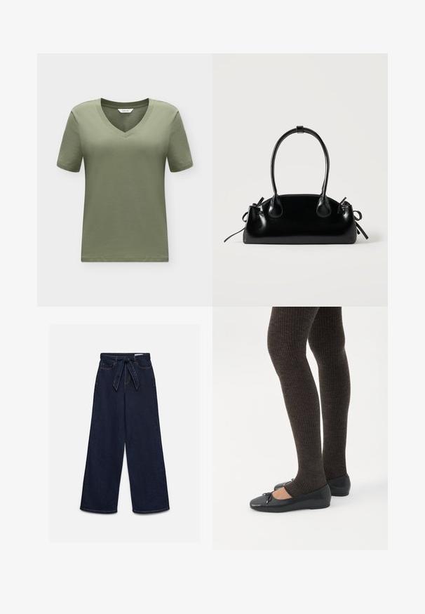 T-shirt uni vert olive à col en V et manches courtes avec une petite étiquette blanche à l'intérieur du col.; Jean taille haute bleu foncé à jambes larges avec poches avant et ceinture en tissu assortie nouée à la taille.; Jambes portant des leggings côtelés foncés associés à des ballerines noires avec de petits détails en nœud sur fond blanc.; Petit sac à main noir brillant avec deux longues anses et des détails à cordon sur les côtés sur un fond clair uni.