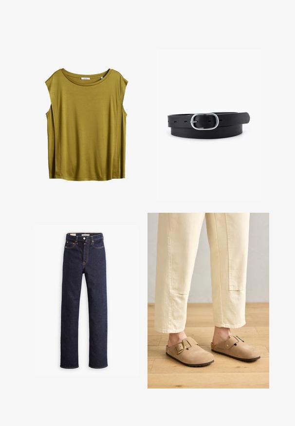Top sans manches vert olive avec un encolure ronde, fabriqué en tissu doux, offrant une coupe décontractée et un design épuré.; Jean en denim droit bleu foncé avec cinq poches et coutures orange visibles sur un fond blanc.; Sabots en cuir suédé beige avec une large sangle et une boucle en or, surface texturée et semelle en caoutchouc marron ; portés avec un pantalon ivoire ample et fuselé.; Ceinture en cuir noir au toucher lisse, boucle en métal argenté de forme ovale et plusieurs trous d'ajustement le long de la sangle. Design plat et minimal.