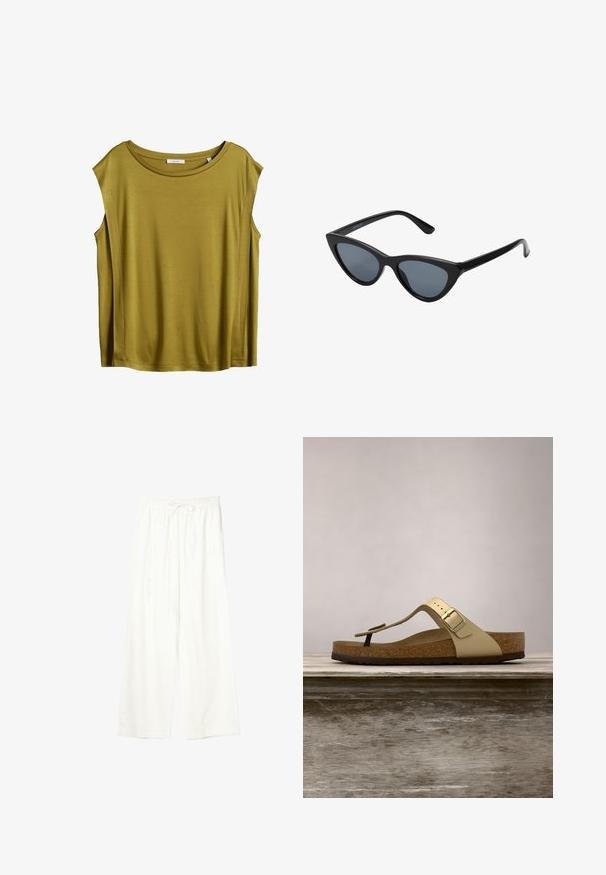 Top sans manches vert olive avec un encolure ronde, fabriqué en tissu doux, offrant une coupe décontractée et un design épuré.; Pantalon blanc à jambes larges avec taille élastique et cordon de serrage, en tissu léger.; Sandale avec semelle en liège de couleur or clair, dotée d'un design à tongs et d'une boucle ajustable. Présente une semelle extérieure texturée pour une meilleure adhérence. Schéma de couleurs neutres.; Lunettes de soleil noires en forme d'œil de chat avec des verres gris foncé, monture en plastique élégante, coins pointus et branches droites. Pas de métal visible ni d'accents.