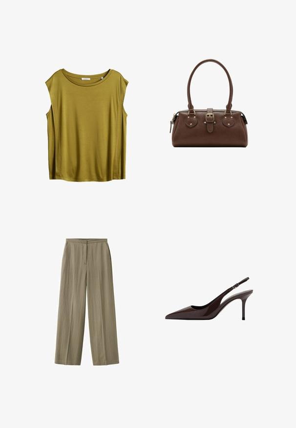 Top sans manches vert olive avec un encolure ronde, fabriqué en tissu doux, offrant une coupe décontractée et un design épuré.; Pantalon marron clair à jambes droites avec une devant plat, des poches latérales et une fermeture éclair avant dissimulée.; Talons slingbacks en cuir verni marron avec un bout pointu, un talon fin et une bride réglable. Texture lisse et finition brillante.; Sac à main en cuir marron avec deux poignées, une sangle centrale à boucle et des ferrures dorées, présenté sur fond blanc.