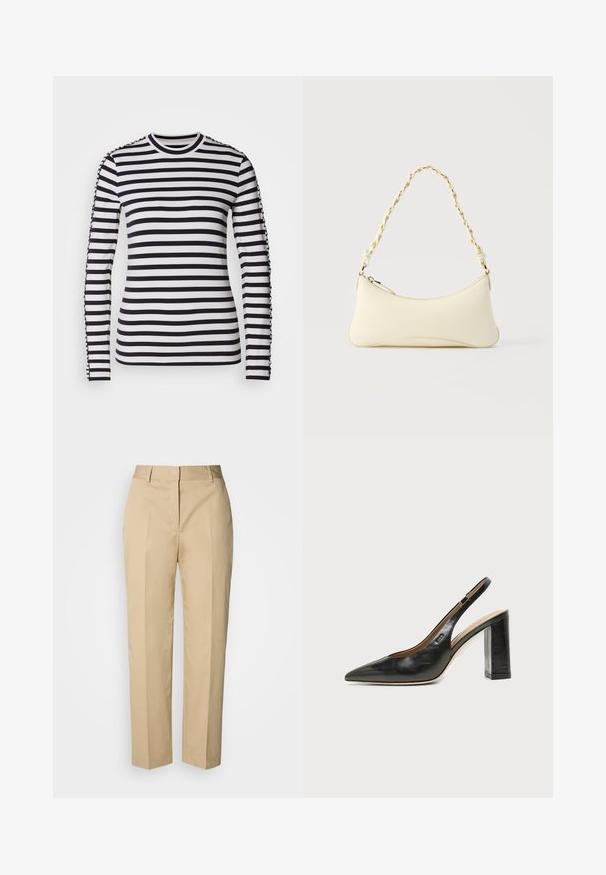 Chemise à manches longues avec des rayures horizontales noires et blanches contrastées, col rond et accents texturés sur les manches.; Pantalon beige à jambe droite avec passants pour ceinture, pli avant et fermeture dissimulée, présenté sur un fond clair.; Chaussure slingback en cuir noir à bout pointu avec un talon bloc haut et une doublure intérieure beige sur un fond clair uni.; Petit sac à main couleur crème avec une forme incurvée et une poignée en chaîne torsadée ton or, fermeture éclair sur le dessus