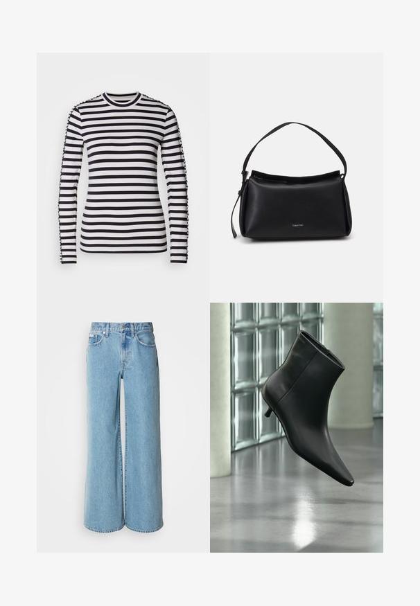 Chemise à manches longues avec des rayures horizontales noires et blanches contrastées, col rond et accents texturés sur les manches.; Jean large bleu clair en denim, avec une taille haute, un design à cinq poches et un léger dégradé sur le tissu.; Bottine en cuir noir à bout pointu et petit talon kitten, présentée en angle devant un sol poli et un mur en blocs de verre.; Sac à main en cuir noir avec une forme courbée, une seule sangle et une fermeture zippée sur le dessus. Présente un logo discret sur le devant pour l'identification de marque.