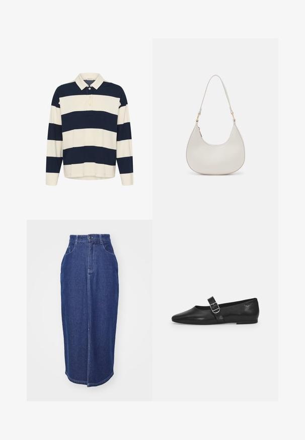Chemise de rugby à manches longues avec larges rayures horizontales bleu marine et blanches et un col boutonné blanc.; Jupe en denim bleu foncé à taille haute, de forme droite, avec poches avant et couture centrale. Ourlet fini avec un minimum de détails.; Chaussure plate en cuir noir avec un bout arrondi, une seule sangle réglable à boucle et une texture lisse et brillante. Design minimaliste avec un petit talon.; Sac épaule en cuir crème en forme de croissant, avec une fine sangle et des détails de coutures subtils. Design minimaliste avec des accents en métal doré.