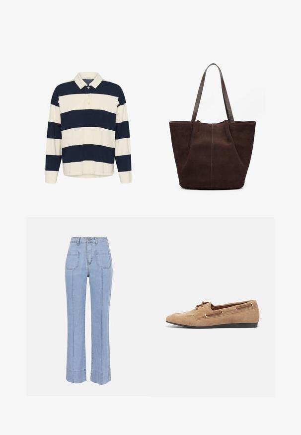 Chemise de rugby à manches longues avec larges rayures horizontales bleu marine et blanches et un col boutonné blanc.; Jean à taille haute de couleur bleu clair, coupe droite, avec poches plaquées à l'avant, fermeture à boutons sur le devant, et coutures verticales et au niveau de l'ourlet visibles.; Chaussure bateau en daim de couleur beige clair avec un bout arrondi, un laçage, des œillets dorés et une semelle en caoutchouc noir. Texture douce, style décontracté.; Sac fourre-tout en suédine marron avec deux poignées en cuir texturé. Présente un design simple à ouverture supérieure et des coutures discrètes le long de la couture avant.