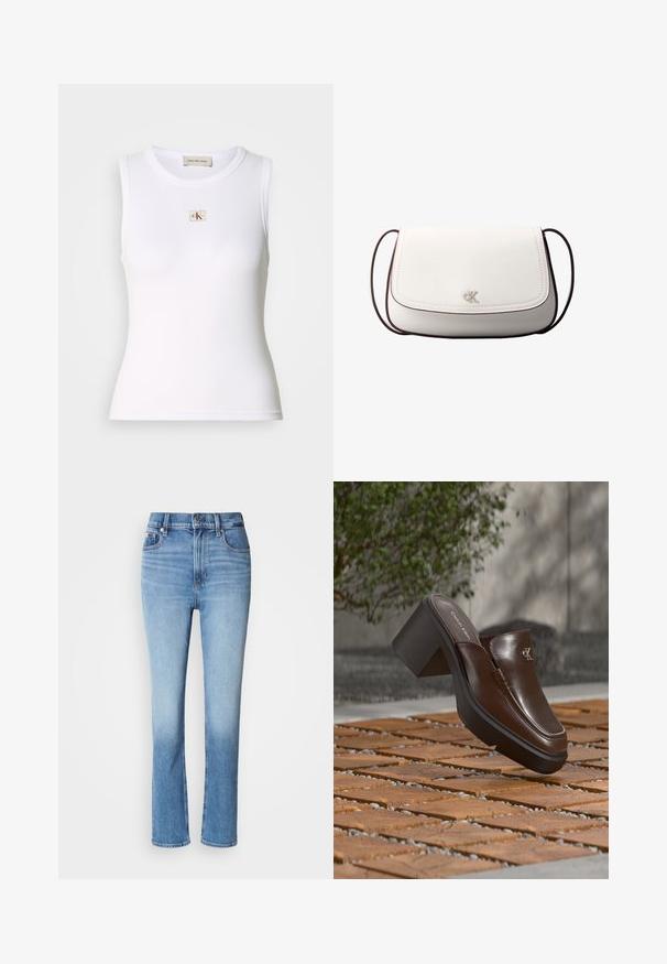 Wit geribd mouwloos tanktop met Calvin Klein Jeans-label op de borst en binnenhalslabel.; Blauwe denim jeans met hoge taille, rechtvallende pasvorm, vervaagde kleurverloop en vijf-pocketstijl. Metalen knoop en ritssluiting.; Bruine leren Calvin Klein mule met hak die boven houten tegelvloer zweeft met een vervaagde groene plant en muur op de achtergrond.; Witte schoudertas met klepsluiting, klein zilveren "cK"-logo in het midden en dunne donkerbruine verstelbare band.