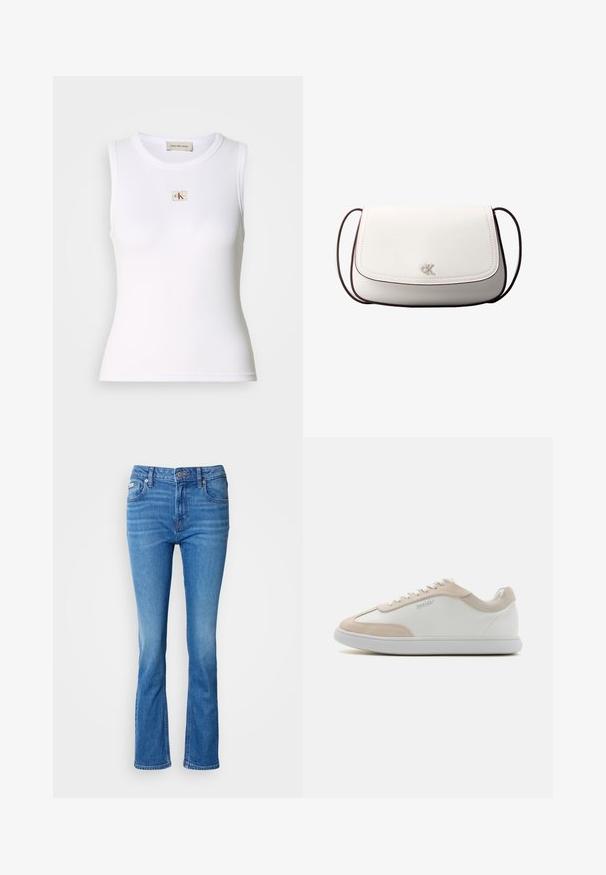 Hvid ribbet ærmeløs top med Calvin Klein Jeans-mærke på brystet og indvendig nakkemærke.; Blå denim flared jeans med en mellemhøj talje, der har et klassisk fem-lomme design og en subtil affadet tekstur ved knæene.; Hvide lædersneakers med beige ruskindsdetaljer og hvide snøringer. Har en rund tå og en polstret sål for komfort.; Hvid skuldertaske med klaplukning, lille sølv "cK" logo i midten og tynd, justerbar, mørkebrun rem.