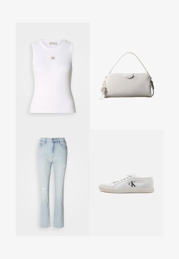Hvid ribbet ærmeløs top med Calvin Klein Jeans-mærke på brystet og indvendig nakkemærke.; Lysblå, høj-taljede jeans med lige ben design. Slidte detaljer inkluderer to store huller foran og frynset kant.; Hvide lærreds sneakers med lavt design, med en gummisål og et sort "CK" logo på siden. Seks snorlukker med hvide snørebånd.; Hvid rektangulær Calvin Klein håndtaske med enkelt håndtag, minimalistisk design og dekorative kvaster med geometrisk metalvedhæng på siden.
