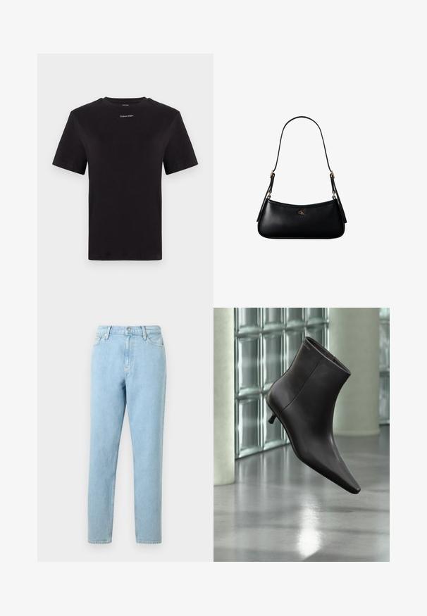 Camiseta de algodón negra con mangas cortas, cuello redondo y pequeño logo blanco de "Calvin Klein" en el pecho. Textura suave, corte clásico.; Pantalones vaqueros de denim azul claro con un corte recto, diseño de cinco bolsillos y cierre de botones. Presentan un ligero desvanecimiento y una textura suave.; Bota de cuero negro para el tobillo con puntera puntiaguda y tacón pequeño, exhibida frente a una pared de bloques de vidrio y un suelo pulido.; Mini bolso negro de cuero para hombro con correa delgada y pequeño logo dorado CK en el centro frontal.