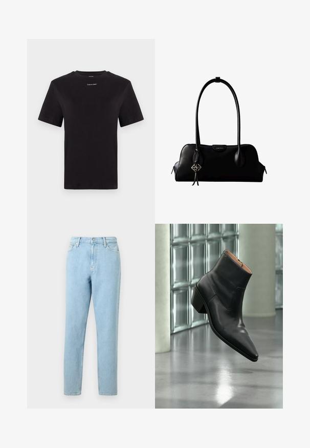 Camiseta de algodón negra con mangas cortas, cuello redondo y pequeño logo blanco de "Calvin Klein" en el pecho. Textura suave, corte clásico.; Pantalones vaqueros de denim azul claro con un corte recto, diseño de cinco bolsillos y cierre de botones. Presentan un ligero desvanecimiento y una textura suave.; Botín de piel negra con puntera puntiaguda y tacón cuadrado que levita sobre un suelo gris reflectante cerca de una pared de bloques de cristal.; Bolso de mano negro de cuero Calvin Klein con asas largas, una etiqueta con el logo frontal y un colgante geométrico plateado que cuelga de una de las asas.