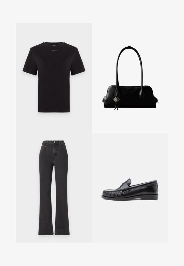 Schwarzes Baumwoll-T-Shirt mit kurzen Ärmeln, Rundhalsausschnitt und kleinem weißen "Calvin Klein"-Logo auf der Brust. Glatte Textur, klassischer Schnitt.; Schwarze, hochgeschnittene Schlagjeans aus Denim mit Knopfverschluss, Gürtelschlaufen und seitlichen Taschen. Glatte Textur mit minimaler Ausbleichung.; Schwarze Leder-Loafer mit abgerundetem Zehenbereich, markanter Naht und einem dekorativen Riemen über dem Vorderblatt. Glatte Oberfläche und niedriger Absatz.; Schwarze Lederhandtasche von Calvin Klein mit langen Henkeln, einem vorderen Logo-Tag und einem silbernen geometrischen Anhänger, der an einem Henkel hängt.
