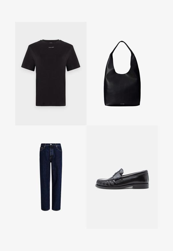 Schwarzes Baumwoll-T-Shirt mit kurzen Ärmeln, Rundhalsausschnitt und kleinem weißen "Calvin Klein"-Logo auf der Brust. Glatte Textur, klassischer Schnitt.; Dunkelblaue Denim-Jeans mit geradem Bein, hoher Taille, fünf Taschen und kontrastierenden Nähten. Ohne Verzierungen.; Schwarze Leder-Loafer mit abgerundetem Zehenbereich, markanter Naht und einem dekorativen Riemen über dem Vorderblatt. Glatte Oberfläche und niedriger Absatz.; Schwarze Leder-Shopper-Tasche mit einem breiten einzelnen Schulterriemen und einem dezenten Calvin Klein-Logo in der unteren Mitte.
