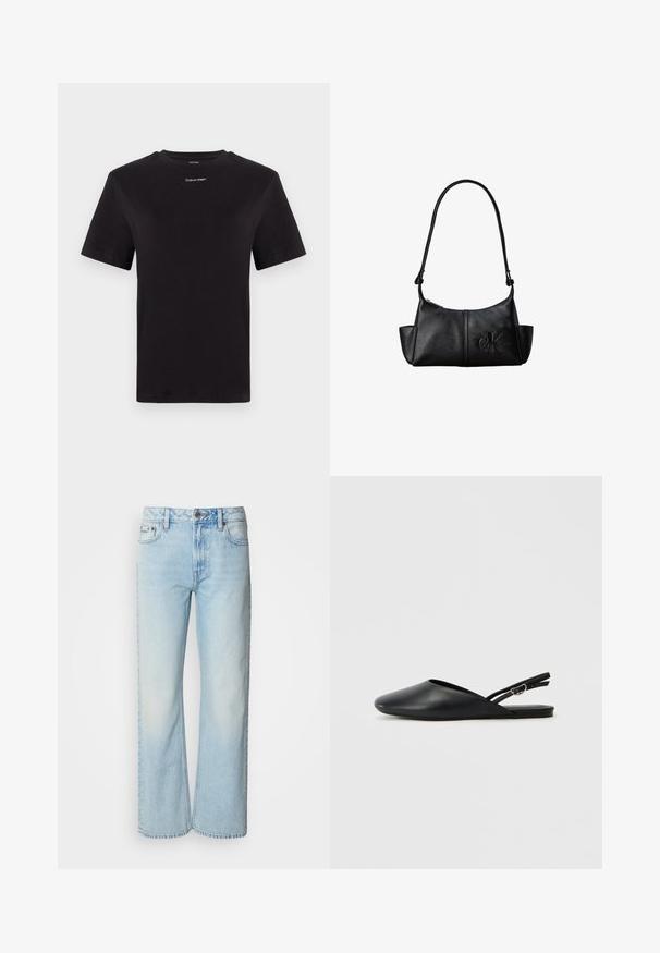 Camiseta de algodón negra con mangas cortas, cuello redondo y pequeño logo blanco de "Calvin Klein" en el pecho. Textura suave, corte clásico.; Vaqueros de pierna ancha azul claro confeccionados en denim, con un diseño clásico de cinco bolsillos y una sutil textura deslavada. La costura del denim es visible.; Zapatos de cuero negro tipo slingback con punta afilada, diseño curvado y correa ajustable con hebilla. Textura suave, suela plana y detalles mínimos.; Bolso de hombro de cuero negro con correa larga, bolsillos laterales y logo de Calvin Klein en relieve en la parte delantera.