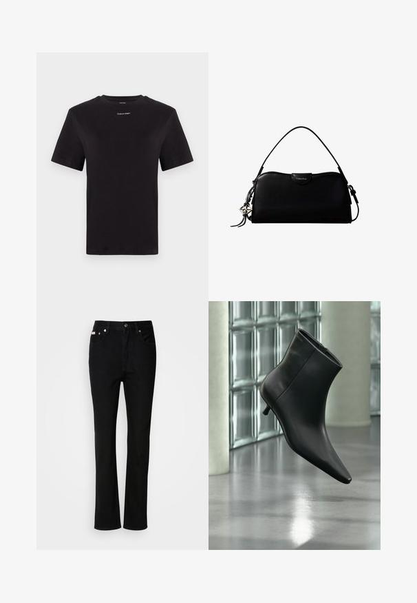 Schwarzes Baumwoll-T-Shirt mit kurzen Ärmeln, Rundhalsausschnitt und kleinem weißen "Calvin Klein"-Logo auf der Brust. Glatte Textur, klassischer Schnitt.; Schwarze Jeans mit geradem Bein, Knopf- und Reißverschluss vorne, Gürtelschlaufen und Fünf-Taschen-Design.; Schwarzer Leder-Stiefelette mit spitzer Zehenpartie und niedrigem Kitten-Heel, schräg dargestellt vor einem polierten Boden und einer Glasbausteinwand.; Schwarze, rechteckige Calvin Klein Handtasche mit einem einzelnen Tragegriff oben, silbernem Logo-Anhänger und kleinem Klappverschluss auf der Vorderseite.
