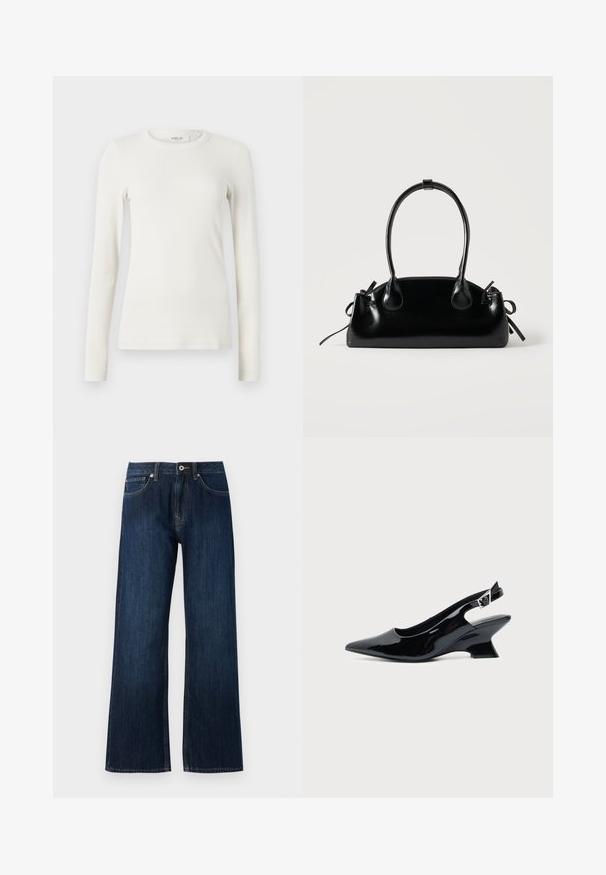 T-shirt blanc à manches longues, en tissu doux, présentant un col rond et une coupe ajustée avec des coutures minimales et sans motifs ni accents visibles.; Jeans en denim bleu foncé à jambe large, avec une fermeture éclair, un bouton, et deux poches avant avec des coutures contrastantes.; Chaussure slingback en cuir verni noir avec bout pointu et petit talon bloc incliné sur fond clair uni.; Petit sac à main noir brillant avec deux longues anses et des détails à cordon sur les côtés sur un fond clair uni.