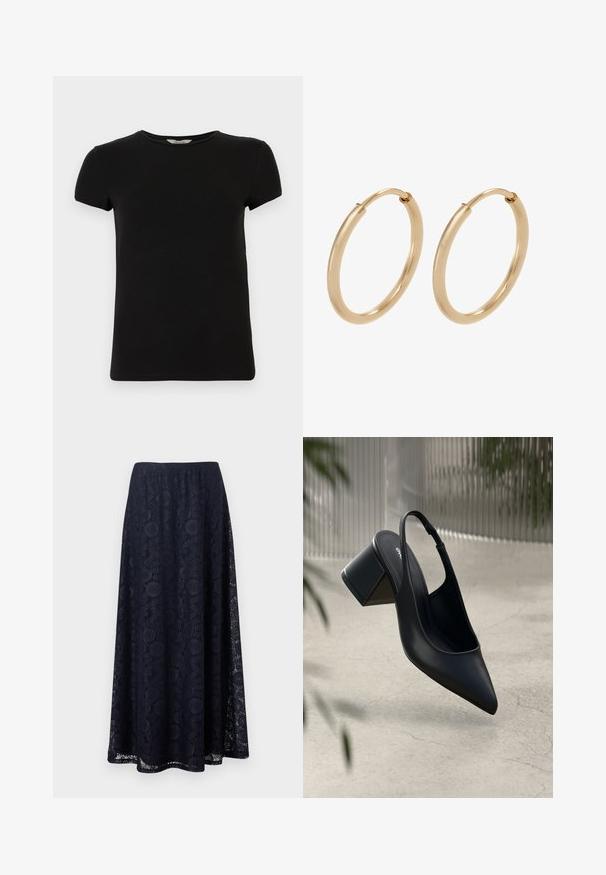 Schwarzes T-Shirt mit kurzen Ärmeln und Rundhalsausschnitt, aus glattem Baumwollstoff, mit einem schlichten Design und ohne sichtbare Muster oder Akzente.; Marineblauer A-Linien-Rock mit floraler Spitzenüberlagerung und mittellangem Saum, mit einem komplexen kreisförmigen und geometrischen Muster.; Schwarze Leder-Slingback-Pumps mit spitzem Zehenbereich und Blockabsatz. Glatte Textur, minimalistisches Design und verstellbarer Knöchelriemen.; Goldene Creolen mit einer glatten, polierten Oberfläche. Abgerundete Form, mittlere Größe, ausgestattet mit einem sicheren Verschlussmechanismus.