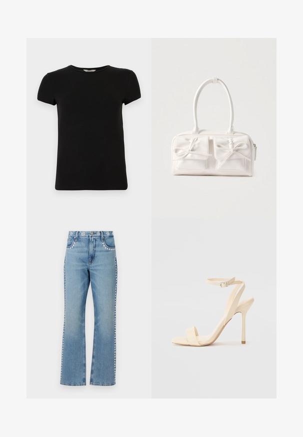 Camiseta negra de manga corta con cuello redondo, hecha de suave tela de algodón, que presenta un diseño simple y sin patrones ni acentos visibles.; Good American GOOD ICON STUDDED - Vaqueros rectos - indigo; Sandalia de tacón alto beige con una delgada correa en el tobillo y puntera cuadrada. Material sintético suave, diseño minimalista y tacón de aguja.; Bolso sintético blanco con dos bolsillos delanteros, cada uno con un detalle de lazo atado. Textura suave, asas redondeadas y cierre de cremallera.
