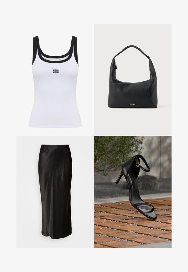 Hvid ribbet tanktop med scoop halsudskæring og sort kant. Et logo er centreret på fronten. Stoffet ser blødt og tætsiddende ud.; Sorte satin nederdel med en glat tekstur. Gulvlængde design med en tætsiddende talje og en let flare ved kanten. Ingen synlige mønstre eller metaldele.; Sort højhælet sandal med ankelsnor, der ser ud til at svæve over et trægulv udendørs med sløret grønt og sten i baggrunden.; Sort skuldertaske i læder med flettet hank, guldlåsdetalje og lille gyldent "HUGO"-logo på fronten midt.