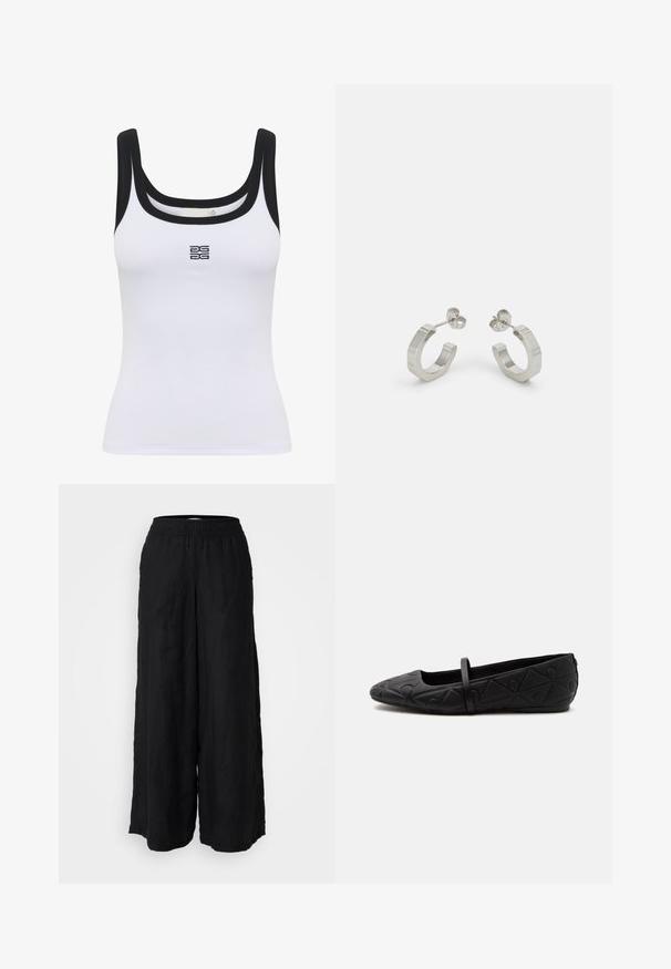 Débardeur blanc côtelé avec un col arrondi et des bordures noires. Un logo est centré à l'avant. Le tissu semble doux et ajusté.; Pantalons larges noirs en lin avec une taille élastique. Le tissu a une texture mate et coule librement de la taille jusqu'aux chevilles.; Chaussure plate noire avec un bout arrondi, un motif géométrique embossé et une fine bride unique sur le dessus, vue de profil.; Boucles d'oreilles en métal argenté avec un design texturé, dotées d'un petit fermoir et d'une marque sur une des hoops. Forme arrondie avec une finition polie.