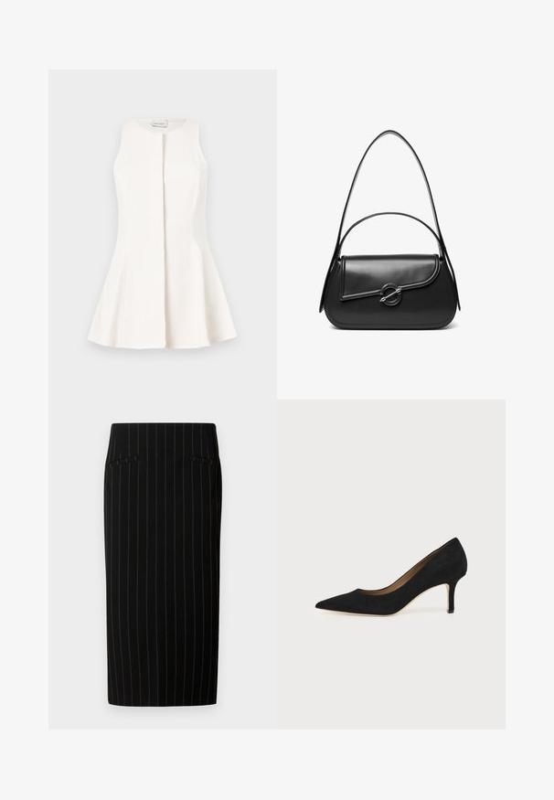 Robe blanche sans manches jusqu'aux genoux avec jupe évasée et fermeture avant dissimulée, conçue par Anna Field.; Jupe crayon noire avec des rayures verticales étroites, dotée de deux poches avant et d'une texture lisse. Le design est ajusté et arrive au genou.; Escarpin en daim noir à bout pointu avec un talon stiletto fin de hauteur moyenne et un design à coupe basse sur un fond uni.; Sac à bandoulière en cuir noir avec un rabat incurvé fermé par un fermoir métallique rond et une sangle fine et ajustable.