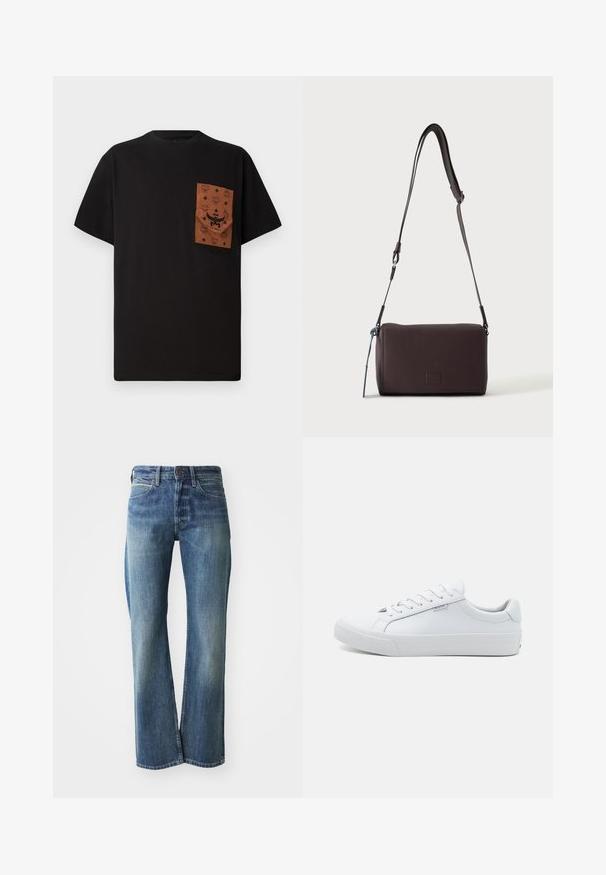 Zwart T-shirt met een bruine zak met een reliëfpatroon en logo. Korte mouwen en ronde halslijn. Katoenen stof, casual pasvorm.; Denim jeans in een licht tot gemiddeld blauwe kleur, met een recht gesneden pijp, klassiek vijf-pocket ontwerp en subtiele vervaging aan de voorkant.; Witte leren sneakers met een gladde afwerking, laagmodel ontwerp, ronde neus en platte rubberen zool. Voorzien van platte veters en minimale merkpresentatie.; Donkerbruine gestructureerde leren crossbodytas met verstelbare riem en klein decoratief blauw accent aan de zijkant.