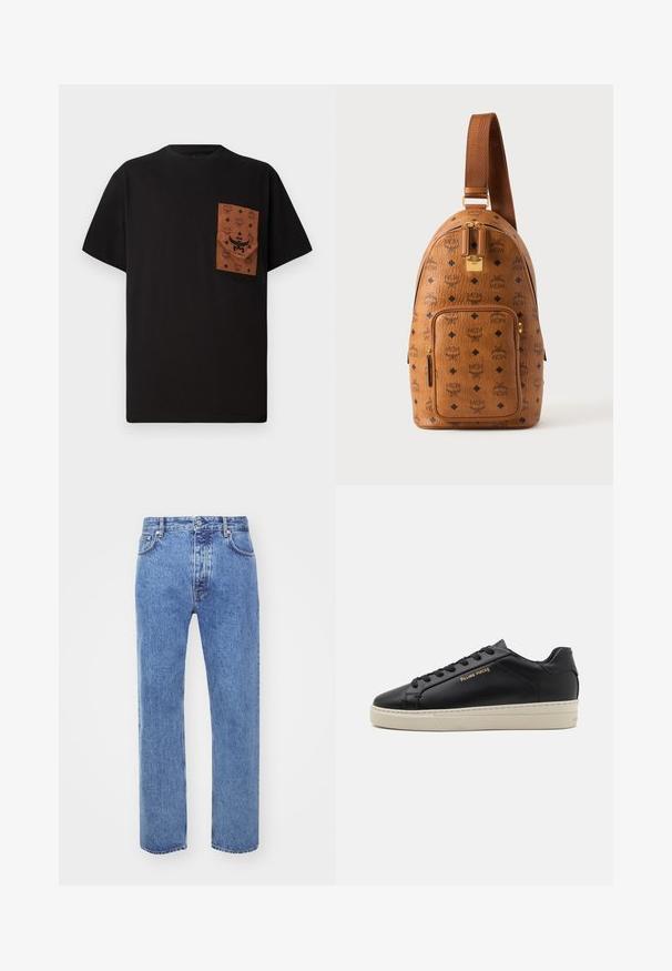 Zwart T-shirt met een bruine zak met een reliëfpatroon en logo. Korte mouwen en ronde halslijn. Katoenen stof, casual pasvorm.; Won Hundred STEVE - Relaxed fit jeans - cut blue; Zwarte leren sneaker met een gladde afwerking, contrasterende crèmekleurige zool, ronde neus, gouden logo aan de zijkant en zes gaatjes voor veters.; Bruine leren slingrugzak met zwart diamant- en MCM-logo patroon, voorvak met ritssluiting, gouden rits en verstelbare band.