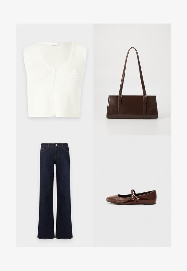Cardigan court sans manches blanc en tricot avec col en V et petite fermeture devant à crochets et œillets.; Jean en denim bleu foncé à jambes larges avec poches avant, fermeture par bouton et fermeture éclair, et coutures contrastantes visibles.; Ballerine en cuir verni marron avec un bout carré et une lanière ornée d'une petite boucle dorée. Texture lisse, talon bas et design minimaliste.; Sac à main en cuir verni marron de forme rectangulaire, avec deux longues poignées et des accents courbés subtils à l'avant.