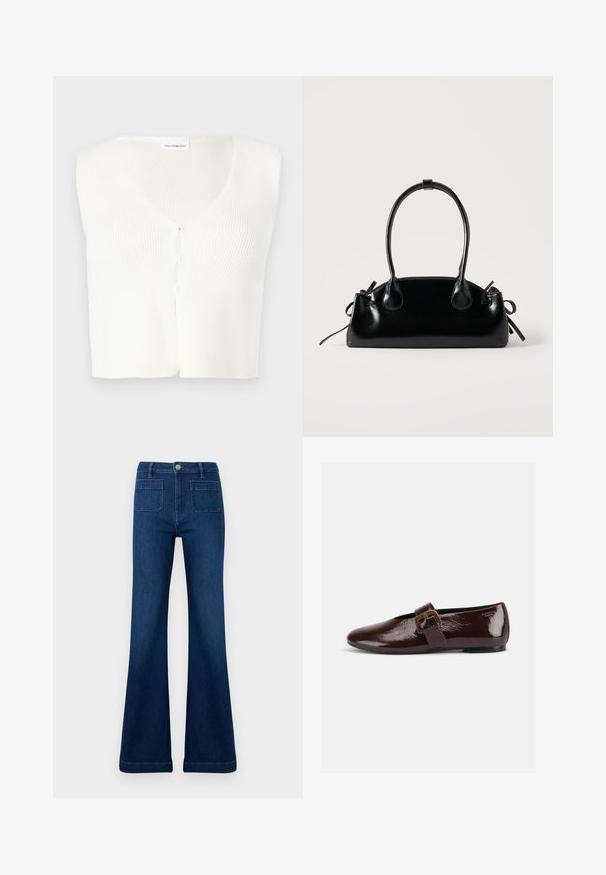 Cardigan court sans manches blanc en tricot avec col en V et petite fermeture devant à crochets et œillets.; Jean évasé bleu foncé en denim, doté d'une taille haute, de deux poches arrière et de coutures contrastantes le long des coutures.; Chaussure plate en cuir verni marron foncé avec une large bride à boucle dorée et un bout arrondi, présentée de profil sur fond blanc.; Petit sac à main noir brillant avec deux longues anses et des détails à cordon sur les côtés sur un fond clair uni.