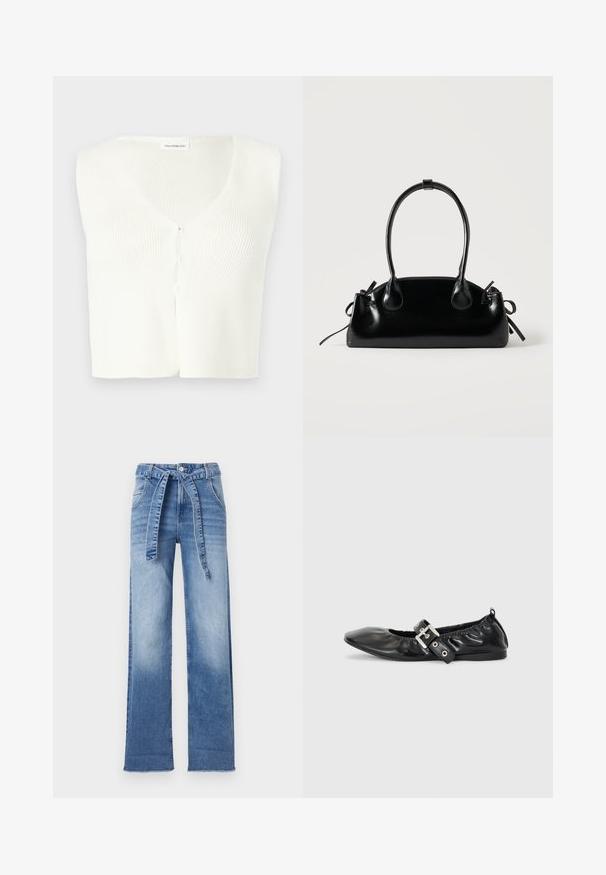 Cardigan court sans manches blanc en tricot avec col en V et petite fermeture devant à crochets et œillets.; Pantalon taille haute en denim bleu clair avec une coupe large, doté d'une ceinture à nouer à la taille et d'un effet délavé.; Chaussure plate en cuir noir avec un nez pointu, des détails froncés autour de l'ouverture et un accent en boucle argentée sur la bride ajustable.; Petit sac à main noir brillant avec deux longues anses et des détails à cordon sur les côtés sur un fond clair uni.