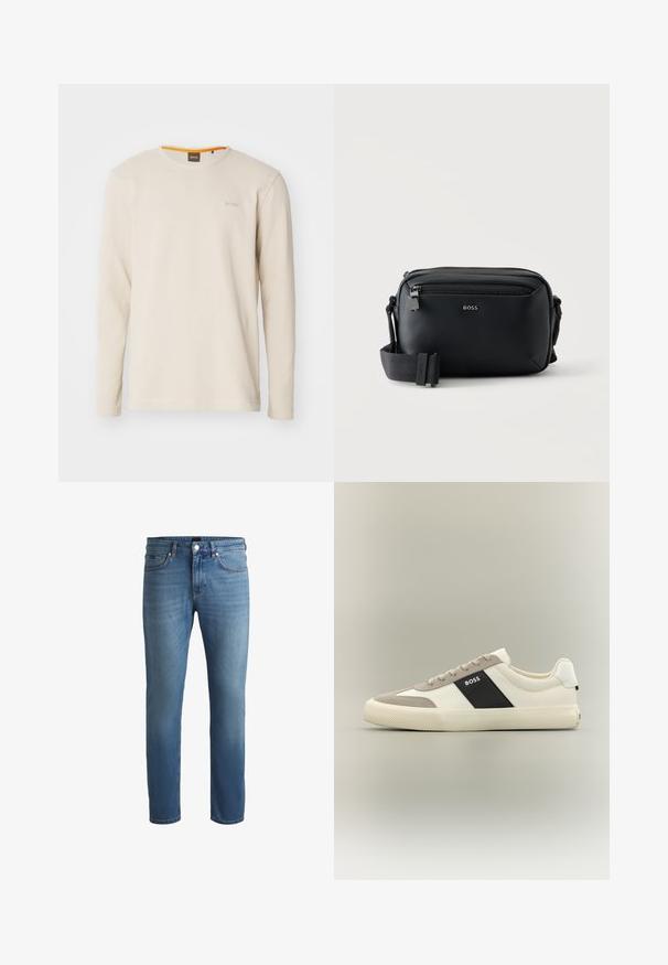 Lichtbeige langemouwen t-shirt gemaakt van gestructureerde stof. Heeft een ronde hals en een klein logo op de borst met een oranje accent binnen de kraag.; Lichtblauwe denim jeans met een regular fit, voorzien van een gladde textuur, een vijf-pocket design en een ritssluiting met knoop. ; Witte en lichtgrijze lage sneaker met zwart zijpaneel met "BOSS"-logo, textuurrubber zool en beige veters op een neutrale achtergrond.; Zwarte leren crossbodytas met voorvak met rits en verstelbare stoffen band, gebrandmerkt met het "BOSS" logo aan de voorkant.