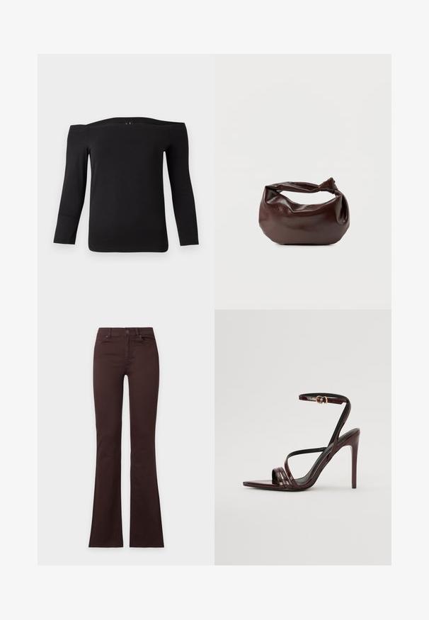 Zwarte off-shoulder top met lange mouwen, gemaakt van een soepele, rekbare stof. Kenmerkt zich door een brede halslijn en een getailleerde pasvorm.; Donkerbruine bootcut-jeans met knoop- en ritssluiting, voor- en achterzakken, plat weergegeven op een effen witte achtergrond.; Bordeaux gepatineerde leren hoge hakken sandaal met een enkelbandje, puntige neus en drie horizontale banden over de voet. Details met gouden gesp.; Donkerbruine leren schoudertas met een zachte, slungelige vorm en een gedraaide knoopvormige handgreep op een effen witte achtergrond.
