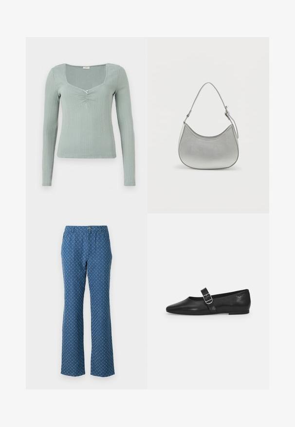 Top de manga larga en tejido verde claro texturizado. Presenta un escote cuadrado y un detalle de torsión central. Patrón acanalado en toda la prenda.; Pantalones azules de diseño acampanado, con un patrón de diamantes y un cierre de botón en la parte delantera. Textura de tela suave.; Zapato plano de cuero negro con punta redondeada, una sola correa ajustable con hebilla y una textura suave y brillante. Diseño minimalista con un tacón bajo.; Bolso de mano de imitación cuero plateado con forma curva, correa corta ajustable y textura suave, que presenta un detalle de costura minimalista.