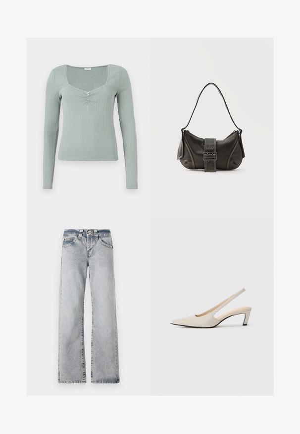 Langärmliges Oberteil aus strukturiertem, hellgrünem Stoff. Mit quadratischem Ausschnitt und einem zentralen Twist-Detail. Rippmuster im gesamten Stoff.; Hellblaue Jeans aus Denim mit weit geschnittenen Beinen. Normale Taille, Fünf-Taschen-Stil und sichtbare Nähte entlang der Säume.; Beige Slingback-Pumps mit spitzer Kappe, offenen Seiten und kleinem Blockabsatz. Glatte Lederstruktur und minimalistisches Design.; Schwarze Leder-Schultertasche mit Schnallengurt-Detail, abgerundeten Kanten und kontrastierenden weißen Nähten auf schlichtem Hintergrund.