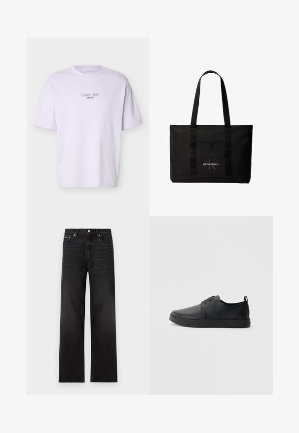 Λευκό κοντομάνικο μπλουζάκι με το κείμενο "Calvin Klein JEANS" τυπωμένο στο κέντρο του στήθους με μαύρα γράμματα.; Μαύρα τζιν με ευθεία γραμμή, σχεδίαση πέντε τσεπών, θηλιές για ζώνη και κλείσιμο με κουμπί, παρουσιασμένα σε λευκό φόντο.; Μαύρο δερμάτινο αθλητικό παπούτσι με λεία επιφάνεια, στρογγυλή μύτη, τονικό ράψιμο, κορδόνια μπροστά και επίπεδη καουτσούκ σόλα. Βρόχος στην πτέρνα.; Μαύρη τσάντα tote Calvin Klein με δύο μακριές λαβές και μπροστινή τσέπη, με το λογότυπο της μάρκας σε λευκό και γκρι.
