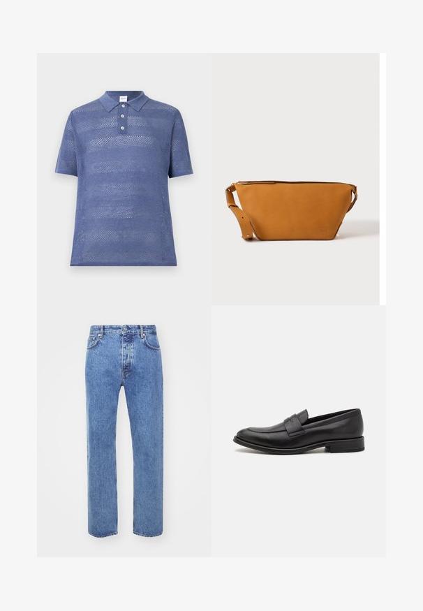 Μπλε, κοντομάνικο polo shirt φτιαγμένο από ύφασμα ανοιχτής πλέξης. Διαθέτει γιακά με τρία κουμπιά και υφή με ριγωτό σχέδιο.; Won Hundred STEVE - Τζιν χαλαρής εφαρμογής - cut blue; Μαύρη δερμάτινη γόβα με λείο φινίρισμα, διακοσμητική ταινία κατά μήκος του άνω μέρους, στρογγυλή μύτη και χαμηλό σωληνωτό τακούνι.; Ελαφρώς καφέ δερμάτινη τσάντα χιαστί με ρυθμιζόμενο λουράκι και κλείσιμο με φερμουάρ, εμφανίζεται σε απλό ανοιχτόχρωμο φόντο.
