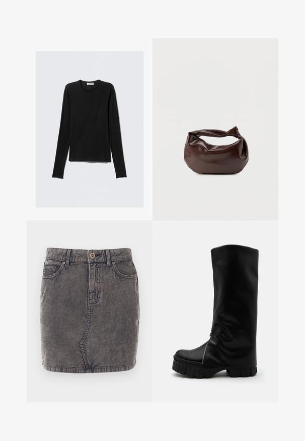 Chemise noire à manches longues en tissu doux. Elle présente un col rond et des poignets légèrement effilochés, avec une coupe décontractée et un design minimaliste.; Jupe en denim grise avec une texture côtelée verticale, dotée d'une fermeture à boutons sur le devant, de deux poches latérales et d'un ourlet droit.; Botte haute en cuir noir avec semelle épaisse et rainurée et fermeture éclair verticale sur le côté avant, sur un fond uni.; Sac bandoulière en cuir marron foncé avec une forme souple et décontractée et une anse nouée torsadée sur un fond blanc uni.