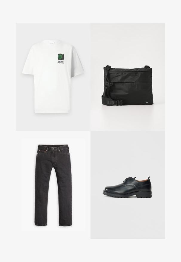 Weißes Baumwoll-T-Shirt mit kurzen Ärmeln. Es verfügt über eine kleine grüne Grafik und schwarzen Text im Bereich der linken Brust. Klassisches Rundhalsdesign.; Schwarze gerade geschnittene Jeans aus Denim mit fünf Taschen, Knopfverschluss und Kupfernieten auf einem weißen Hintergrund flach ausgelegt.; Schwarze Leder Derby-Schuhe mit glatter Textur, runder Zehenform, Schnürdesign und einer dicken, robusten Gummisohle.; Schwarze Nylon-Umhängetasche mit verstellbarem Riemen, flachem Design und seitlichem Etikett mit Logo. Glatte Textur und minimalistischer Stil.