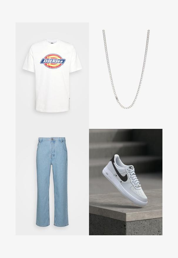Hvid bomulds t-shirt med et blåt og rødt cirkulært "Dickies" logo i midten. Korte ærmer og rund hals design.; Lysblå denim jeans med lige ben design, der har knaplukning, bæltestropper og to forlommer.; Hvid Nike Air Force 1 sneaker med sort swoosh-logo, svævende over en betonforkant med slørede trapper i baggrunden.; Sølv kædedesign med sammenkoblede led, glat tekstur og ensartet rektangulær form. Sikker lukning.