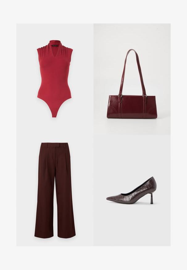 Body rouge sans manches avec un décolleté en V et des détails froncés aux épaules, conçu pour une silhouette ajustée.; Pantalon à jambes larges et taille haute de couleur marron foncé, avec passants de ceinture et plis sur le devant, présenté sur un fond blanc uni.; Escarpins à bout pointu en similicuir marron avec une texture crocodile, dotés d’un talon fin et angulaire ainsi que d’une doublure intérieure lisse.; Sac à main bordeaux en matériau brillant, de forme rectangulaire, avec deux anses et des accents légèrement courbés à l'avant.