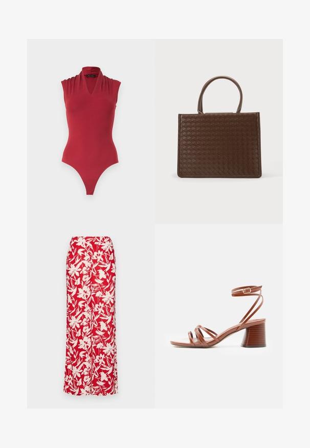 Body rouge sans manches avec un décolleté en V et des détails froncés aux épaules, conçu pour une silhouette ajustée.; Jupe maxi florale rouge en tissu léger. Caractéristiques de grands motifs de fleurs blanches et d'une taille ajustée, offrant une silhouette droite.; Sandale marron à brides avec talon bloc et boucle à la cheville, design minimaliste, texture en cuir lisse, vue de côté sur fond uni.; Sac à main en cuir marron avec un motif tissé et deux poignées arrondies, forme rectangulaire, sur un fond clair uni.