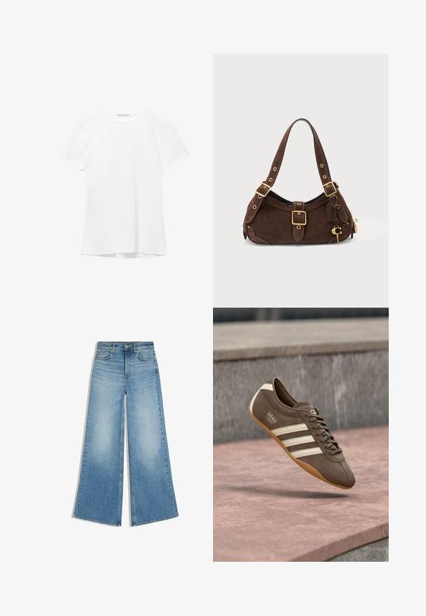 T-shirt blanc à manches courtes en tissu lisse, avec un col rond et de subtils détails de couture à l'ourlet.; Jean bleu clair jambes larges avec poches avant et fermeture par boutons, posé à plat sur un fond blanc.; Baskets en daim marron avec des rayures blanches et un logo, dotées d'un bout rond et d'une semelle en caoutchouc gomme, suspendues au-dessus d'une surface texturée.; Sac à épaule en daim marron avec des sangles réglables, des boucles dorées et un porte-clés décoratif sur un fond blanc uni.