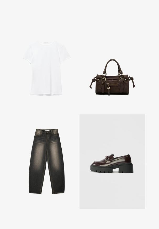 T-shirt blanc à manches courtes en tissu lisse, avec un col rond et de subtils détails de couture à l'ourlet.; Jeans en denim gris à jambes larges avec un léger délavage, cinq poches, des coutures en contraste et une coupe décontractée. Pas de motifs ou d'embellissements visibles.; Mocassins en cuir verni bordeaux avec une semelle épaisse noire, présentant un détail de boucle en argent décoratif sur le dessus.; Sac à main en cuir marron foncé avec double poignée, poche avant zippée, boucles décoratives et nœuds latéraux sur fond blanc.