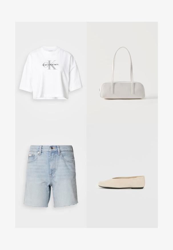 Λευκό κοντομάνικο crop top με υπερμεγέθη μανίκια, που διαθέτει μεγάλο γκρι λογότυπο "CK" και μαύρο λογότυπο "Calvin Klein" στο κέντρο του μπροστινού μέρους.; Ανοιχτό μπλε τζιν σορτς με ξεφτισμένα τελειώματα, εμπρόσθιο κούμπωμα με κουμπί και φερμουάρ, θηλιές για ζώνη και εμπρόσθιες τσέπες.; Σουέντ μπαλαρίνα σε μπεζ απόχρωση με στρογγυλή μύτη, επίπεδη σόλα και μίνιμαλ σχεδιασμό. Λείος υφασμάτινος καμβάς χωρίς ορατά εξαρτήματα ή διακοσμητικά στοιχεία.; Λευκή ορθογώνια τσάντα ώμου με μακριά λεπτές τιράντες, ελάχιστη ραφή και κλείσιμο με φερμουάρ σε απλό φόντο.