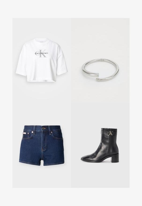 Λευκό κοντομάνικο crop top με υπερμεγέθη μανίκια, που διαθέτει μεγάλο γκρι λογότυπο "CK" και μαύρο λογότυπο "Calvin Klein" στο κέντρο του μπροστινού μέρους.; Σκούρα μπλε τζιν σορτς με κουμπί στο μπροστινό μέρος, θηλιές για ζώνη και τσέπες, παρουσιάζονται πάνω σε ανοιχτό φόντο.; Μαύρη δερμάτινη μπότες μέχρι τον αστράγαλο με μυτερή μύτη, τετράγωνη φτέρνα και λουρί με μεταλλικό λογότυπο. Λείος υφή και μίνιμαλ σχέδιο.; Calvin Klein SPIRAL - Βραχιόλι - silver-coloured