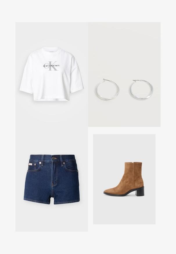 Λευκό κοντομάνικο crop top με υπερμεγέθη μανίκια, που διαθέτει μεγάλο γκρι λογότυπο "CK" και μαύρο λογότυπο "Calvin Klein" στο κέντρο του μπροστινού μέρους.; Σκούρα μπλε τζιν σορτς με κουμπί στο μπροστινό μέρος, θηλιές για ζώνη και τσέπες, παρουσιάζονται πάνω σε ανοιχτό φόντο.; Καφέ σουέτ μποτάκι αστραγάλου με μύτη σε σχήμα βέλους, μεσαίου μπλοκ τακουνιού και διακριτική ανάγλυφη λεπτομέρεια λογότυπου. Φερμουάρ στο πλάι.; Ασημένια μεταλλικά σκουλαρίκια κρίκοι με λεία, ελαφρώς κυρτή επιφάνεια και κλειδαριά τύπου latch-back σε απλό λευκό φόντο.