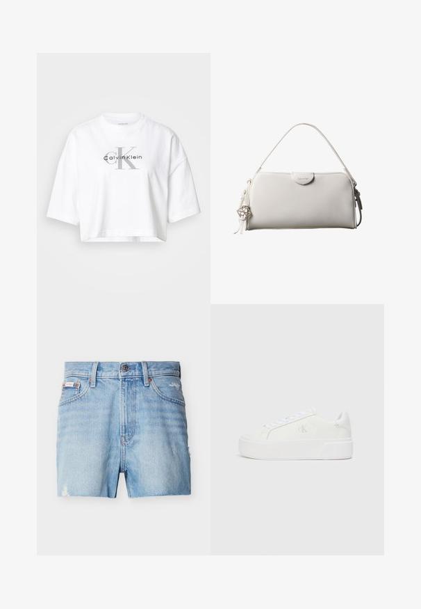 Λευκό κοντομάνικο crop top με υπερμεγέθη μανίκια, που διαθέτει μεγάλο γκρι λογότυπο "CK" και μαύρο λογότυπο "Calvin Klein" στο κέντρο του μπροστινού μέρους.; Ανοιχτό μπλε τζιν σορτς με μπροστινό κουμπί, θηλιές για ζώνη, δύο μπροστινές τσέπες και ελαφρώς φθαρμένες λεπτομέρειες στις πλευρές και το τελείωμα.; Λευκά αθλητικά παπούτσια με λείο δερμάτινο πάνω μέρος, στρογγυλή μύτη, λευκές κορδόνες και διακριτική λογότυπη λεπτομέρεια στο πλάι. Επίπεδη καουτσούκ σόλα.; Λευκή ορθογώνια τσάντα Calvin Klein με μονό χερούλι, μίνιμαλ σχεδιασμό και διακοσμητικά φουντάκια με γεωμετρικό μεταλλικό γούρι στην πλευρά.