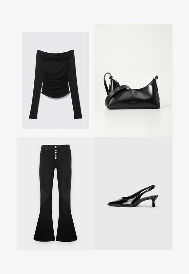 Sort langærmet off-shoulder top med rynkede detaljer foran og en tætsiddende silhuet mod en ensfarvet baggrund.; Sorte jeans med flare og høj talje, fem-knaps lukning, blød denimbeklædning og diskrete syningsdetaljer på lommer og syninger.; Sorte patenterede slingback-sko med spidse tæer og lav blokhæl. Justerbar spænde-rem ved anklen.; Sort læderhåndtaske med en glat tekstur. Har en justerbar stropp og et enkelt, minimalistisk design med lynlås.